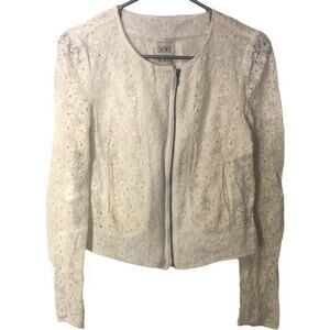 See Thru Soul Womens Zip Up Lined Bomber Jacket Lace Detail Ivory Size Small